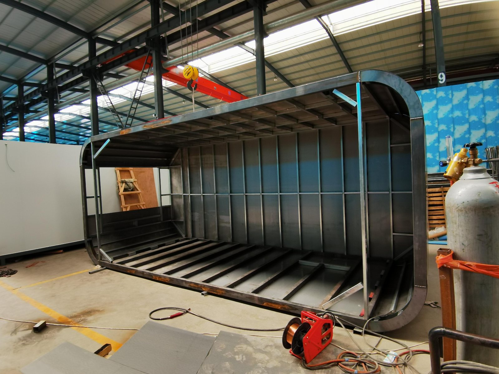 Steel frame construction at the factory
